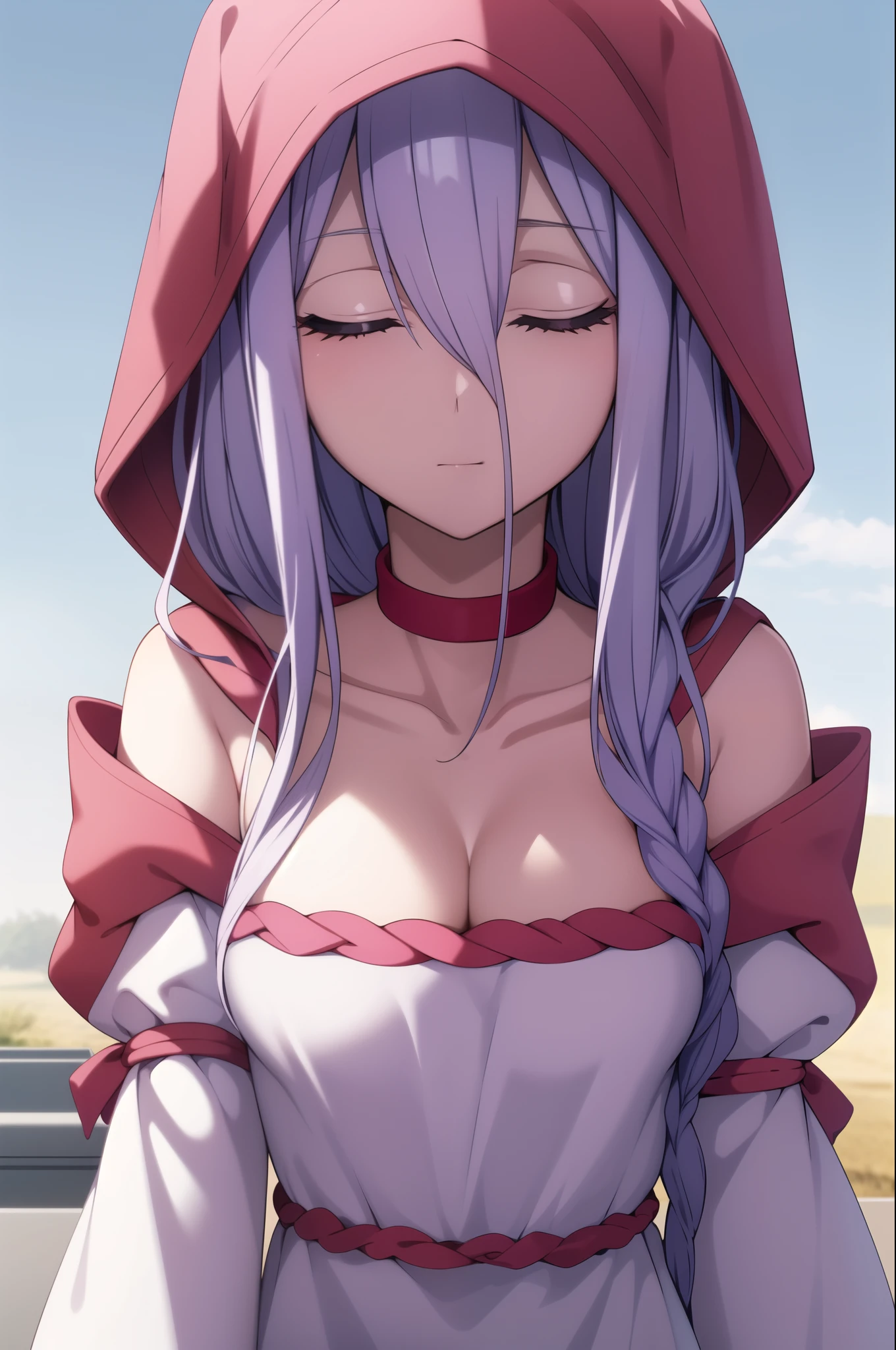 ç½ç»,1girl,expressionless,long braid,hair over shoulder,colored eyelashes,closed eyes, ç½,white hood,hood up,red choker,bare shoulders,cleavage,white dress,detached sleeves,long sleeves,wide sleeves,nsfw,, 20yo,Young female,Beautiful Finger,Beautiful long legs,Beautiful body,Beautiful Nose,Beautiful character design, perfect eyes, perfect face,expressive eyes, looking at viewer, official art,extremely detailed CG unity 8k wallpaper, perfect lighting,Colorful, Bright_Front_face_Lighting,shiny skin, (masterpiece:1.0),(best_quality:1.0), ultra high res,4K,ultra-detailed, photography, 8K, HDR, highres, absurdres:1.2, Kodak portra 400, film grain, blurry background, bokeh:1.2, lens flare, (vibrant_color:1.2), (beautiful_face:1.5),(narrow_waist), ,NSFW, shiraori/kumoko