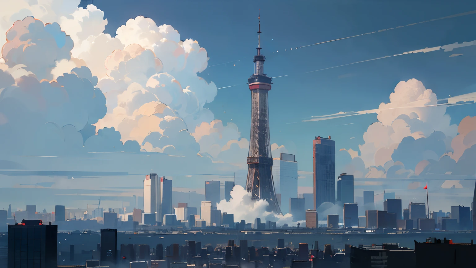 ((best quality)), ((masterpiece)), (detailed), The city of Tokyo, the Sky Tree can be seen in the distance, a city shrouded in dark clouds.