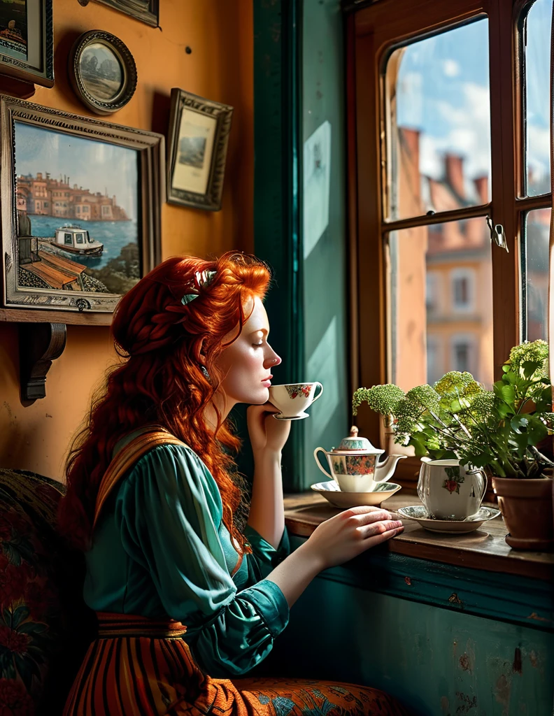 an exhausted middle-class redhead female worker in her small living room rent flat, inspired by the Don Lawrence style. She’s looking out of the window, lost in her thoughts, while holding a cup of tea.