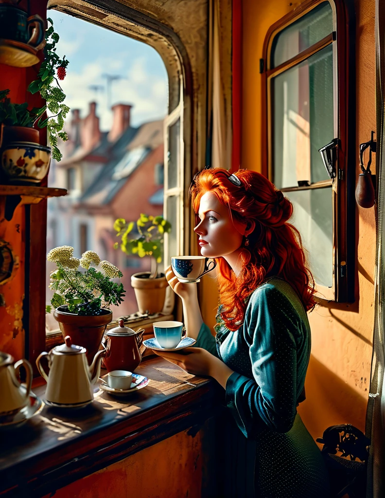 an exhausted middle-class redhead female worker in her small living room rent flat, inspired by the Don Lawrence style. She’s looking out of the window, lost in her thoughts, while holding a cup of tea.