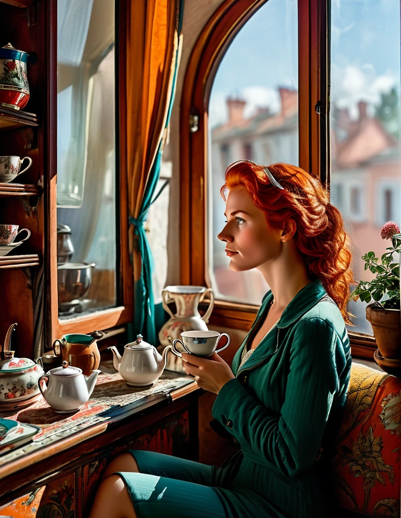 an exhausted middle-class redhead female worker in her small living room rent flat, inspired by the Don Lawrence style. She’s looking out of the window, lost in her thoughts, while holding a cup of tea.
