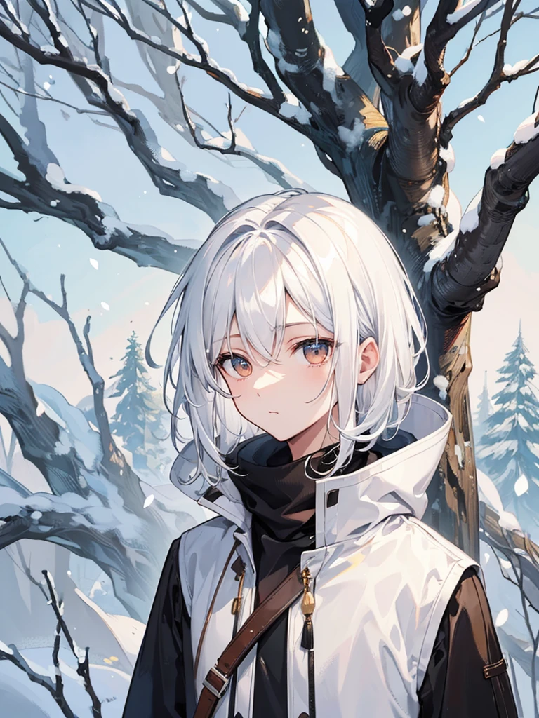 1boy, white hair, brown eyes, detailed eyes, tree background, snow, simple clothes