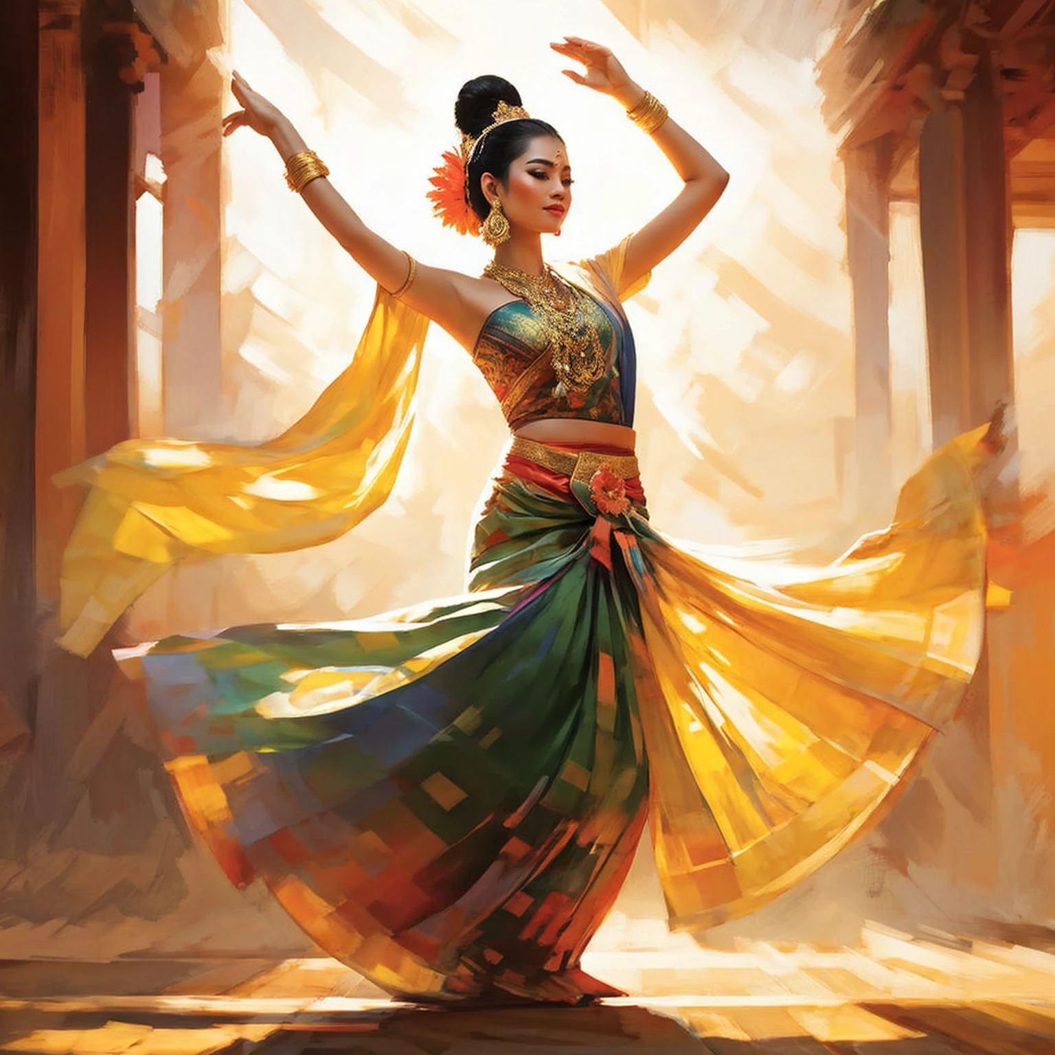 Illustration of a vibrant Thai traditional dancer, poised in mid-dance amidst a burst of colorful hues, adorned with a lustrous golden headdress, shawl draped elegantly over her shoulders, silk thread catching the afternoon sun, casting long shadows in the dusty wooden stage, high resolution, geometric stylization, hand-drawn lines, painterly finish, color pencil rendering, playful lighting, dramatic contrast, bold