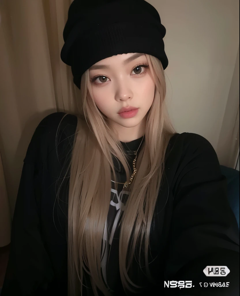 Arafed woman with long blond hair wearing a black hat, Parque Roseanne do Blackpink, jossi do blackpink, Ulzzang, com cabelos longos brancos, Lalisa Manobal, Lalisa Manoban do Blackpink, Retrato de Jossi de Blackpink, com cabelos longos,  coreana, jennie blackpink, her hair is white, Jaeyeon Nam