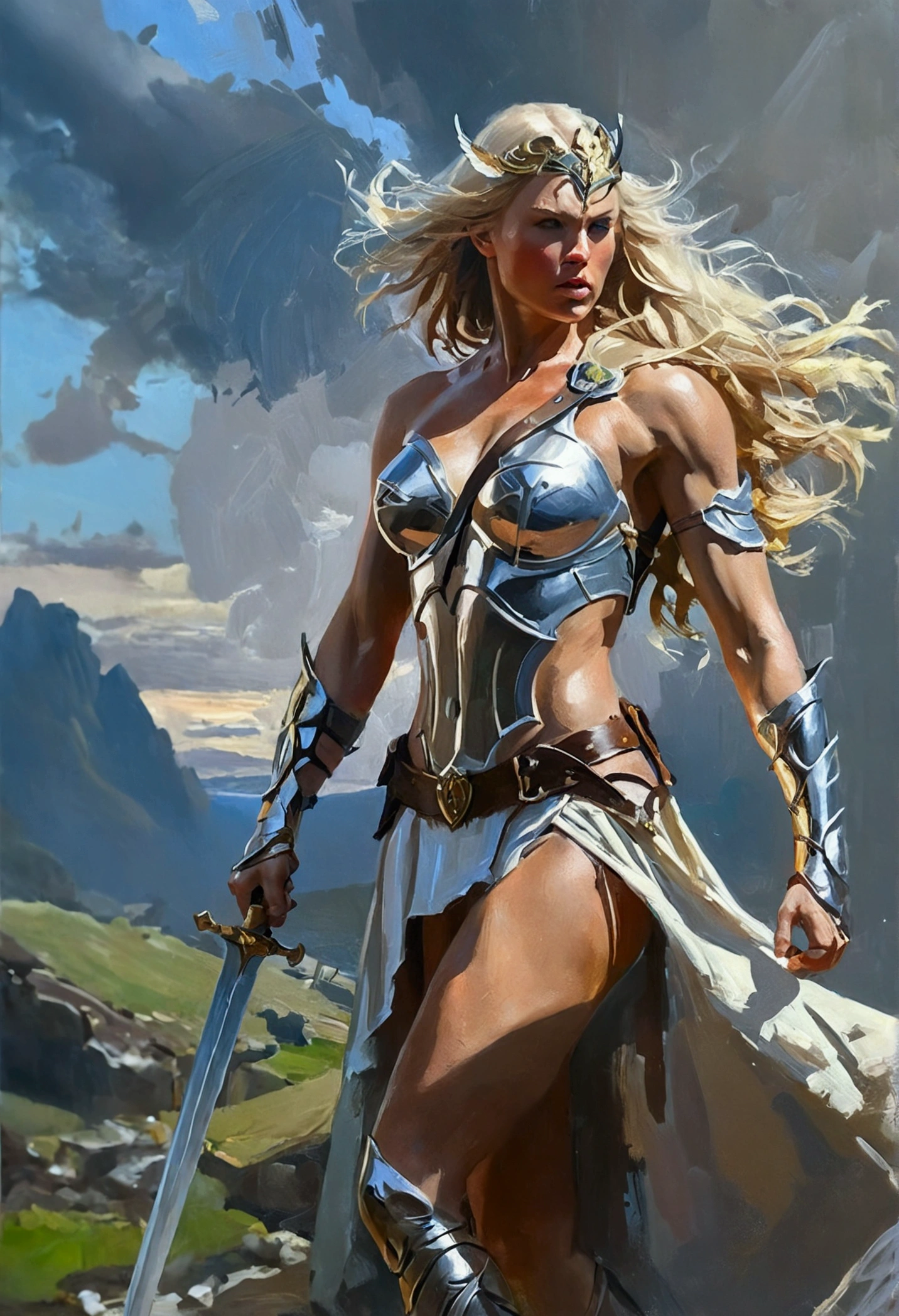 a naked valkyrie, beautiful naked woman warrior, flowing blonde hair, muscular athletic body, holding sword, dramatic lighting, fantasy landscape, digital art, oil painting, ornate armor, dramatic pose, volumetric lighting, highly detailed, cinematic, masterpiece, (best quality,4k,8k,highres,masterpiece:1.2),ultra-detailed,(realistic,photorealistic,photo-realistic:1.37)