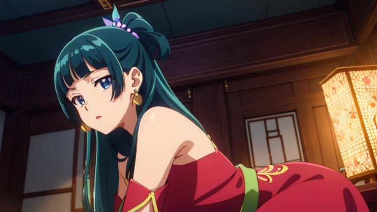 Highest quality (8k, High resolution, masterpiece: 1.2), Very detailed, Anime art style, Dynamic Angle, Teen Style, (China dress, Exposed shoulders, Earrings, indoor,), Detailed green hair, Detailed blue eyes, Complicated hairstyle, Long Hair , The body is slim, Sparkling eyes, like々Shii, hair accessory, Earrings, Half Up, Slightly blunt bangs, Detailed lighting, Bright colors, Looking at the audience, Center the image, Cowboy Shot,