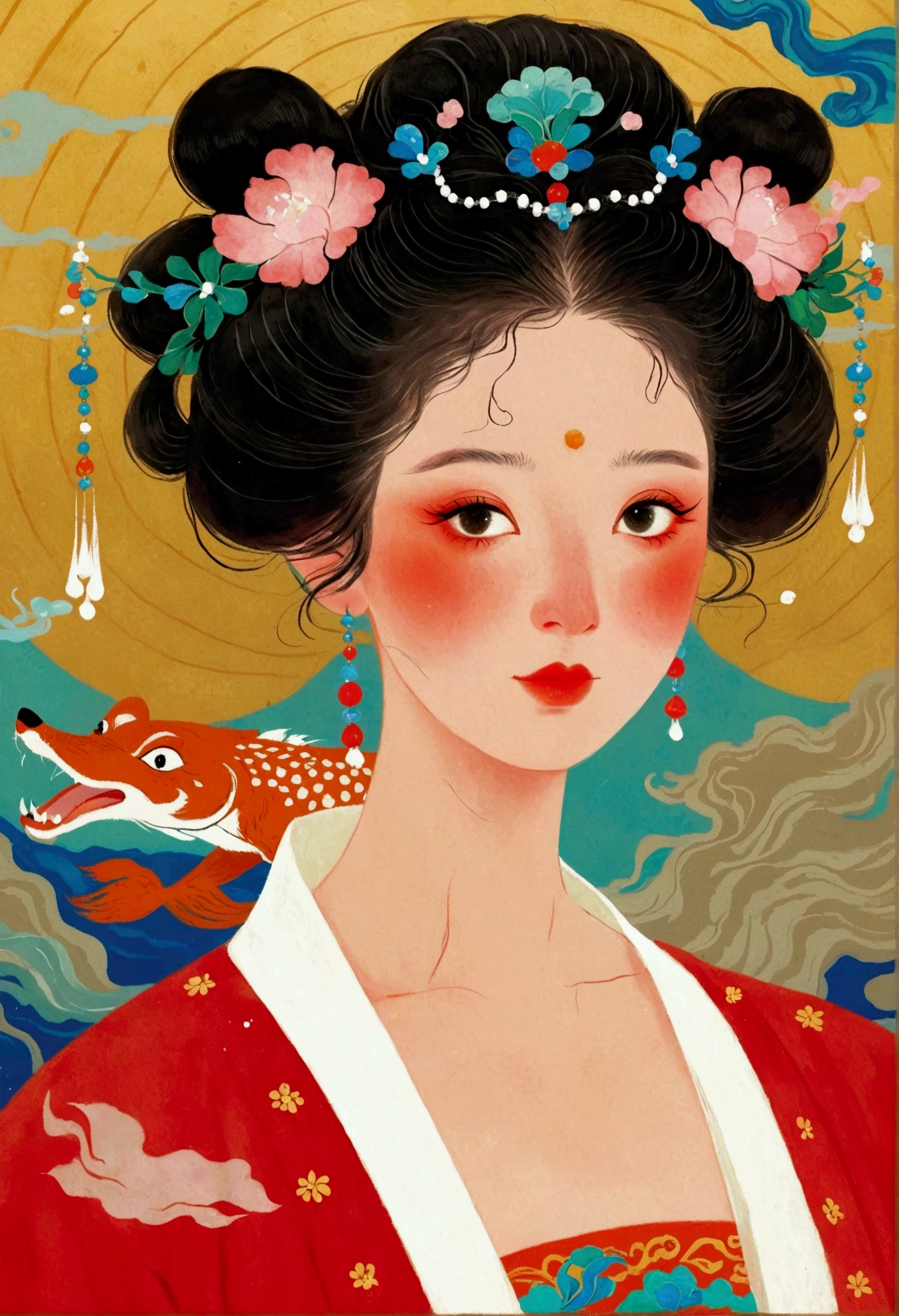 Magazine cover close-up，A lady in a red dress, An extremely detailed painting by Ni Duan, tumblr, Cloisonnism, Korean Art Nouveau Anime, Affable ， Wenjun Lin, Broad View, bian luan, Queen of the Sea Mu Yanling, Chinese Princess, Artworks similar to Sheng Lam, Beautiful fox lady