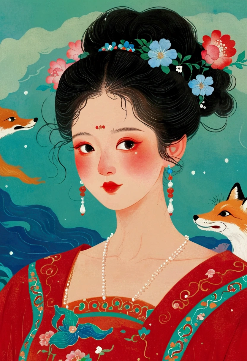 Magazine cover close-up，A lady in a red dress, An extremely detailed painting by Ni Duan, tumblr, Cloisonnism, Korean Art Nouveau Anime, Affable ， Wenjun Lin, Broad View, bian luan, Queen of the Sea Mu Yanling, Chinese Princess, Artworks similar to Sheng Lam, Beautiful fox lady