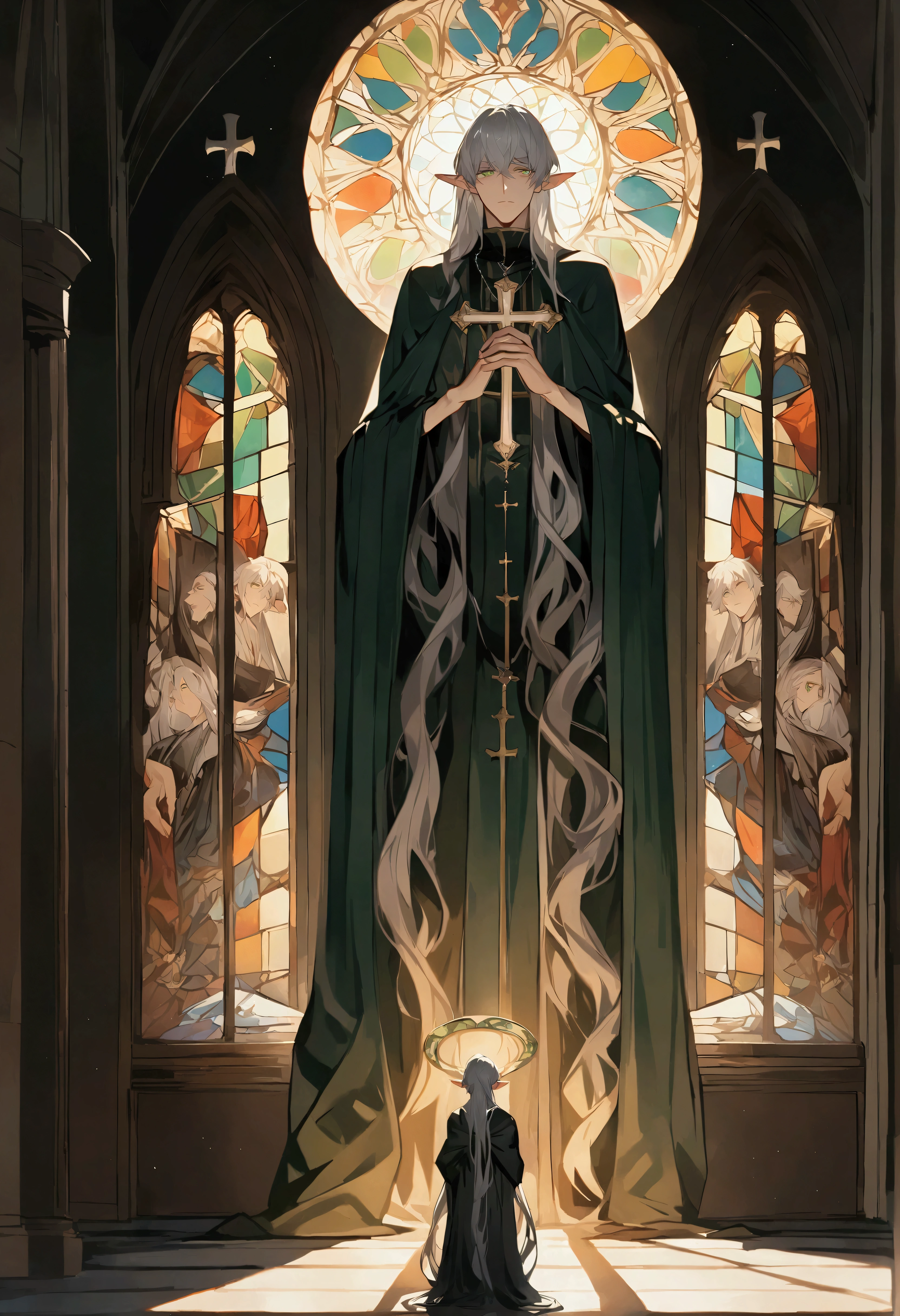male, curtained hair, silver hair, shiny hair, absurdly long hair, Halation, Light green eyes, A look of pity, dropping eyes, Elf ears, Divine, Dark green godfather robe, Silver cross necklace, Church stained glass window, Colored windows, Painting on the stained glass window, Gothic art, Classicism, photomosaic, Colored windows, symmetry, uhd, anatomically correct, super detail。Intact eyes