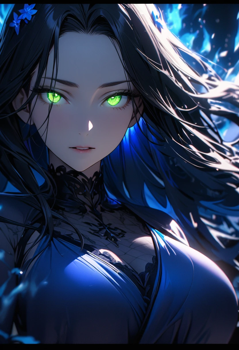 woman, black hair, long hair, green eyes, ,blue hair ornament pretty, blue dress, ,beautiful eyes, mature, super detail, beautiful color, glowing eyes, macro picture, blue aura, smooth hair, adult, light backround, sharp skin, 8K, masterpiece