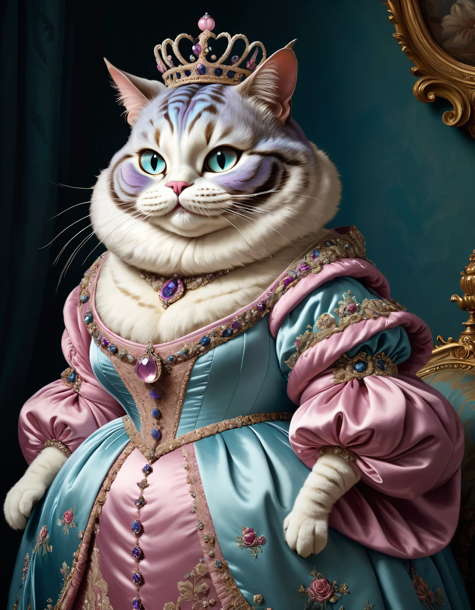 photorealistic portrait of Dressed animals - a ((fat)) (Cheshire cat) Queen, (over shoulder image:1.5),(elegant pose:1.5) Wearing luxury sack-back gown,(wearing luxury tiara),(happy), Old-fashioned luxury clothes, detailed and opulent description of a queen's aristocratic sack-back gown in Rococo , emphasizing luxurious fabrics, intricate embroidery, and ornate accessories, simple  background,(looking at viewer:1.5),score_9, score_8_up, score_7_up, score_6_up, score_5_up, score_4_up,