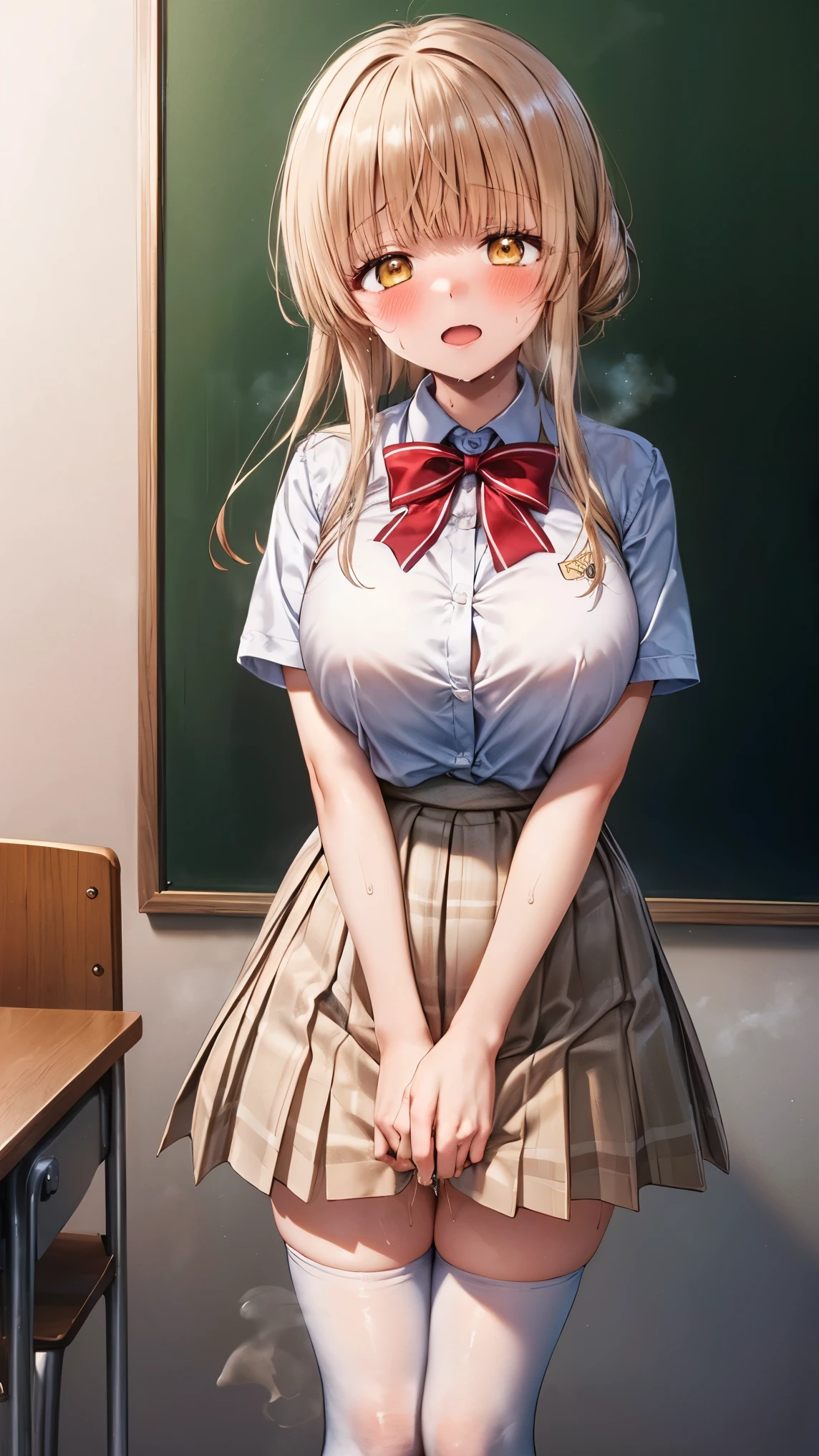 best quality,1girl,((big breasts:1.3)),((orgasm,blush,sweat,steam:1.3)),mahiru shiina, bangs, blonde hair, brown hair, (yellow eyes:1.3),long hair, skirt, bow, (school uniform), pleated skirt, plaid, plaid skirt, (red bowtie:1.2),remote controller, remote control,crotchAngle,head out of frame,lower body,have to pee,covering crotch,(((hand between legs))),((knees together feet apart)),stand,((standing,リモコン,boy:1.1)),erect nipples,thighhighs,classroom