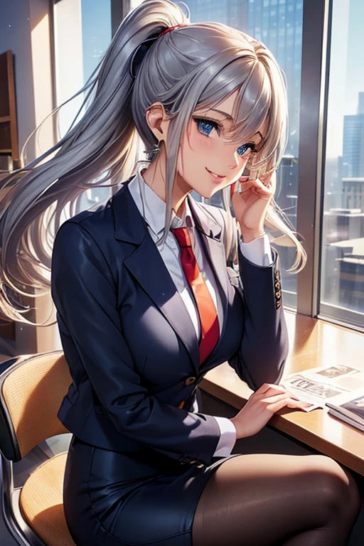 #Basics A girl is posing for a photo, animeのcute女の子,  ((One Girl)), (((:1.2)) + ((cute:1.3)) + ((18-year-old))), 
break 

#Clothing Accessories 
((Blue Business Suit : White dress shirt + Red tie + Blue suit vest + Blue suit jacket + Black pencil skirt + Low denier black pantyhose), Black high heels), 
((Gold hoop earrings) + (Silver Necklace)),
break 

#Features 
(((Silver Hair)), ((Curly side hair)), ((ponytail) : Long Hair + Fuller Hair + Voluminous Hair + Curly Hair)), 
((Droopy eyes:1.4, Big eyes:1.2), blue eyes), (Small breasts), 
break 

#background environment 
((noon + Sunshine + Beautiful modern office building + conference room + Office building seen from the window)), 
#Facial Expression Pose  
((smile:1.4)), ((Sit at a desk + (Hold your knees with both hands))), 
#composition 
((Face the camera, (Focus from the side), Cowboy Shot)), 
break 

#Body parts elements 
(Slim figure), 
(Detailed Hair, Beautiful Hair, Shiny Hair), 
(double eyelid, Long eyelashes), 
(Expression of fine eyes, Beautiful and delicate eyes, Sparkling eyes, Eye Reflexes, Glitter Eyeliner), 
(Human Ear), 
(Beautiful Nose, Thin Nose), 
(Glossy Lips, Beautiful Lips, Thick lips), (Symmetrical facial features), 
(Detailed skin, Textured skin, Beautiful Skin, Oily skin), 
break 

#Quality Image Quality Common 
(((Highest quality)), ((masterpiece)), ((Very detailed))), ((Ultra-high resolution)), ((16K, 1080P)), ((Full HD)), 
(Anatomically correct), (Realistic), (3DCG), (oil), (Detailed cloth texture), 
#High quality images and illustrations 
((comics, anime)), CG illustration,
