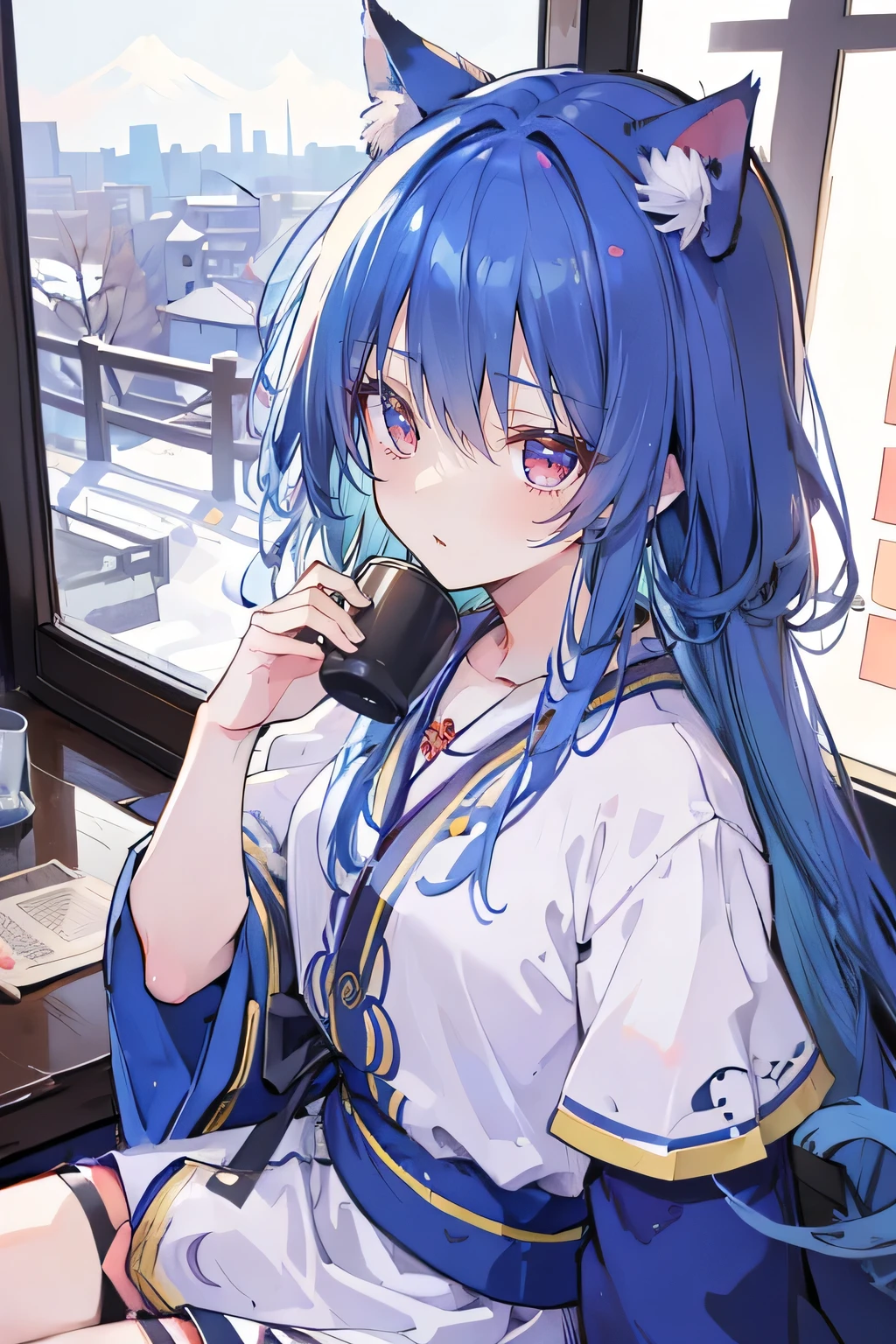 (Masterpiece:1.2),Ultra-detailed,lifelike,The eyes are expressive,Fair skin,Perfect face shape,1 girl,Japanese Manga,Gorgeous blue hair,Flowing blue hair,Flowing clothes,Cat ears,Petals falling,Smile,Tokyo background,background,heavy snow,winter.Highest quality,perfect face,sitting on window sill drinking coffee and looking out the window.
