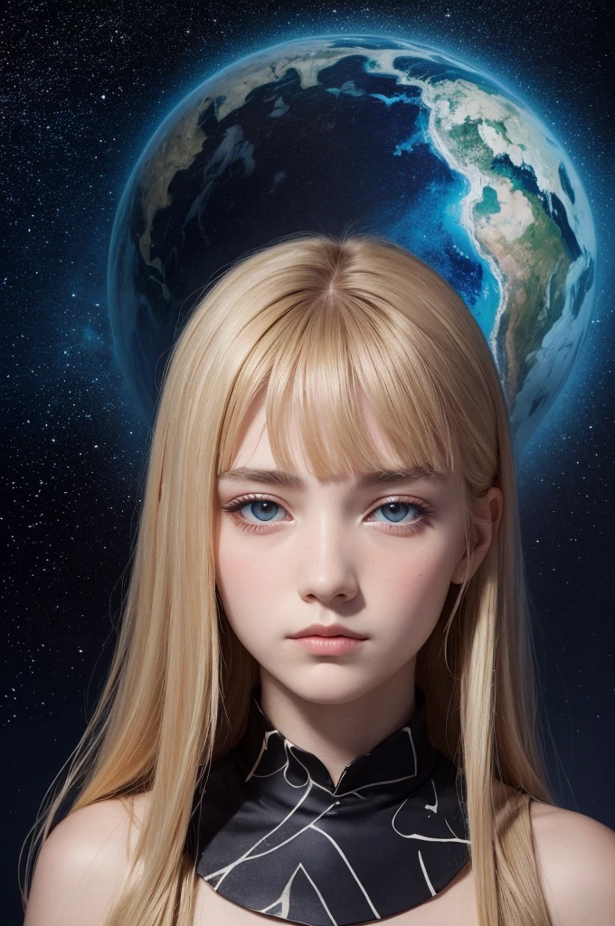 Surrealist watercolor self-portrait inspired by the artist Salvador Dali with an 18-year-old girl with long blonde hair and straight bangs,dark brown eye,small, round nose and round face with a marked jaw in the background a background with a starry sky where the stars are actually eyes blinking and attentively observing everything that happens on Earth, as if they were silent witnesses of all the events in the world.