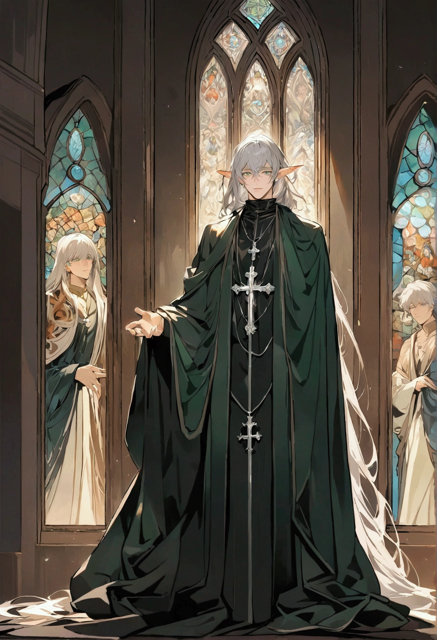 male, curtained hair, silver hair, shiny hair, absurdly long hair, halo, Light green eyes, A look of pity, dropping eyes, Elf ears, Divine, Dark green godfather robe, Silver cross necklace, Church stained glass window, Colored windows, Painting on the stained glass window, Gothic art, Classicism, photomosaic, Colored windows, symmetry, UHD, anatomically correct, super detail