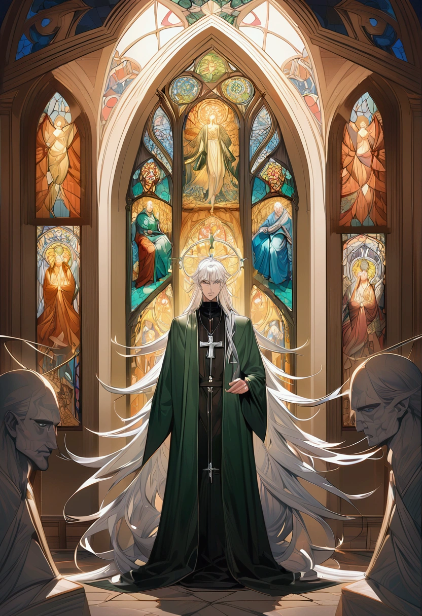male, curtained hair, silver hair, shiny hair, absurdly long hair, halo, Light green eyes, A look of pity, dropping eyes, Elf ears, Divine, Dark green godfather robe, Silver cross necklace, Church stained glass window, Colored windows, Painting on the stained glass window, Gothic art, Classicism, photomosaic, Colored windows, symmetry, UHD, anatomically correct, super detail