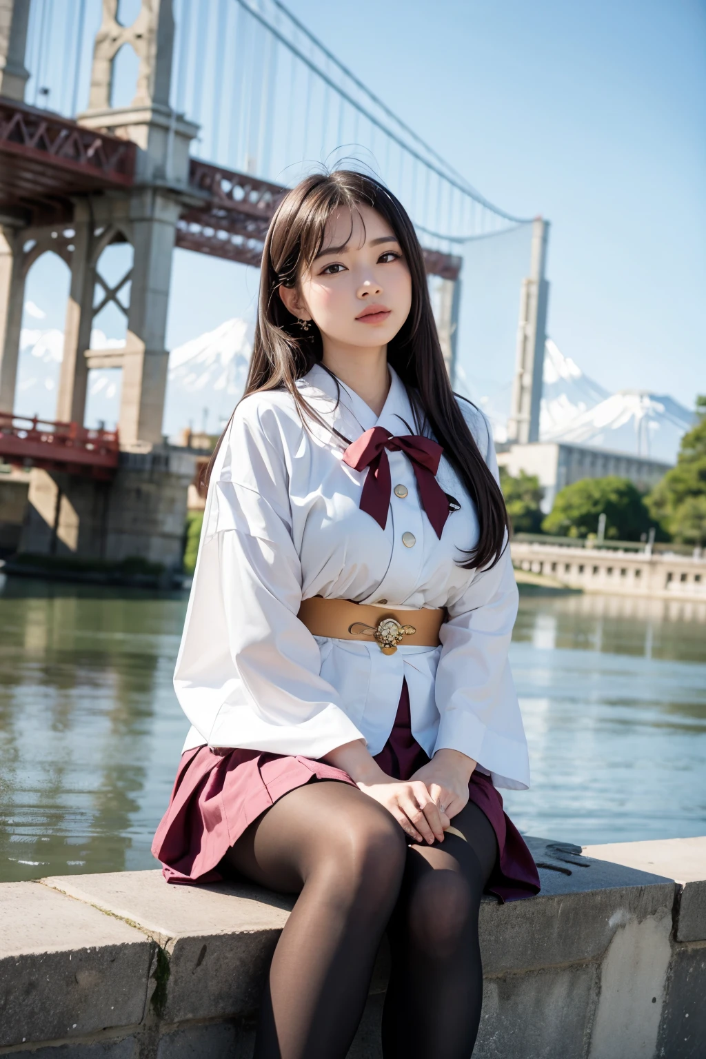 masterpiece, Bokeh, (Beautiful Face), (Detailed face), (Perfect hands), (Japanese Idols:1.6), (school uniform:1.3), (Ultra-realistic pantyhose:1.3), (Sit at the top of the tower:1.3),( Large bridge construction site:1.3), (Blushed:1.3), Working boots, (From below:1.5), Beautiful mature woman、