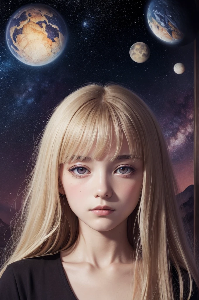 Surrealist watercolor self-portrait inspired by the artist Salvador Dali with an 18-year-old girl with long blonde hair and straight bangs,dark brown eye,small, round nose and round face with a marked jaw in the background a background with a starry sky where the stars are actually eyes blinking and attentively observing everything that happens on Earth, as if they were silent witnesses of all the events in the world.