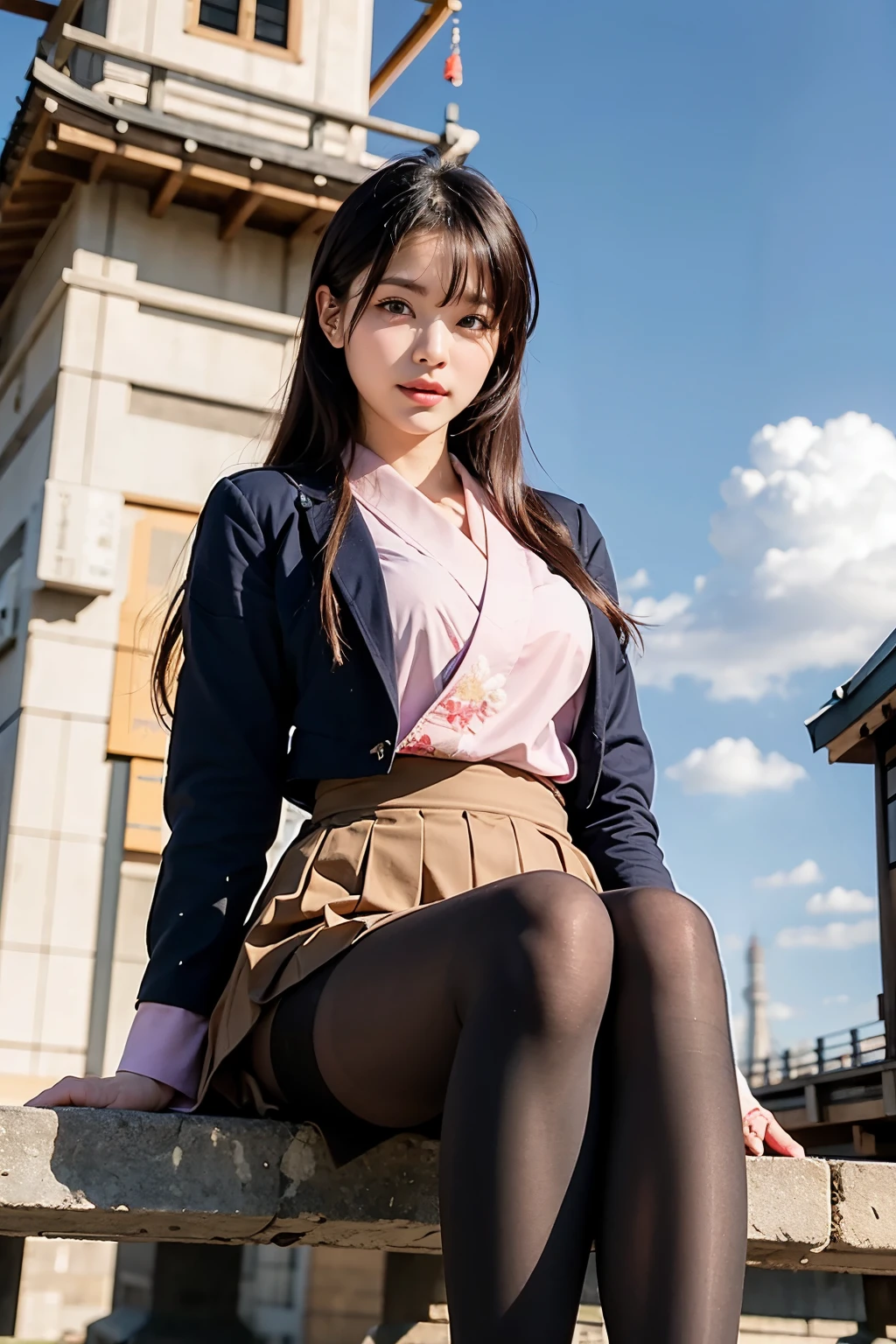 highest quality、8K、Super detailed、Female, 28 years old, Dark blue jacket, Pink Super Mini Skirt,((Skirt flip、No pants))、Pink tie, socks, Pink long hair, alone, Academics、rainbow、shine、Full Body Esbian, Watching the audience, Front view,Real Photo:1.6