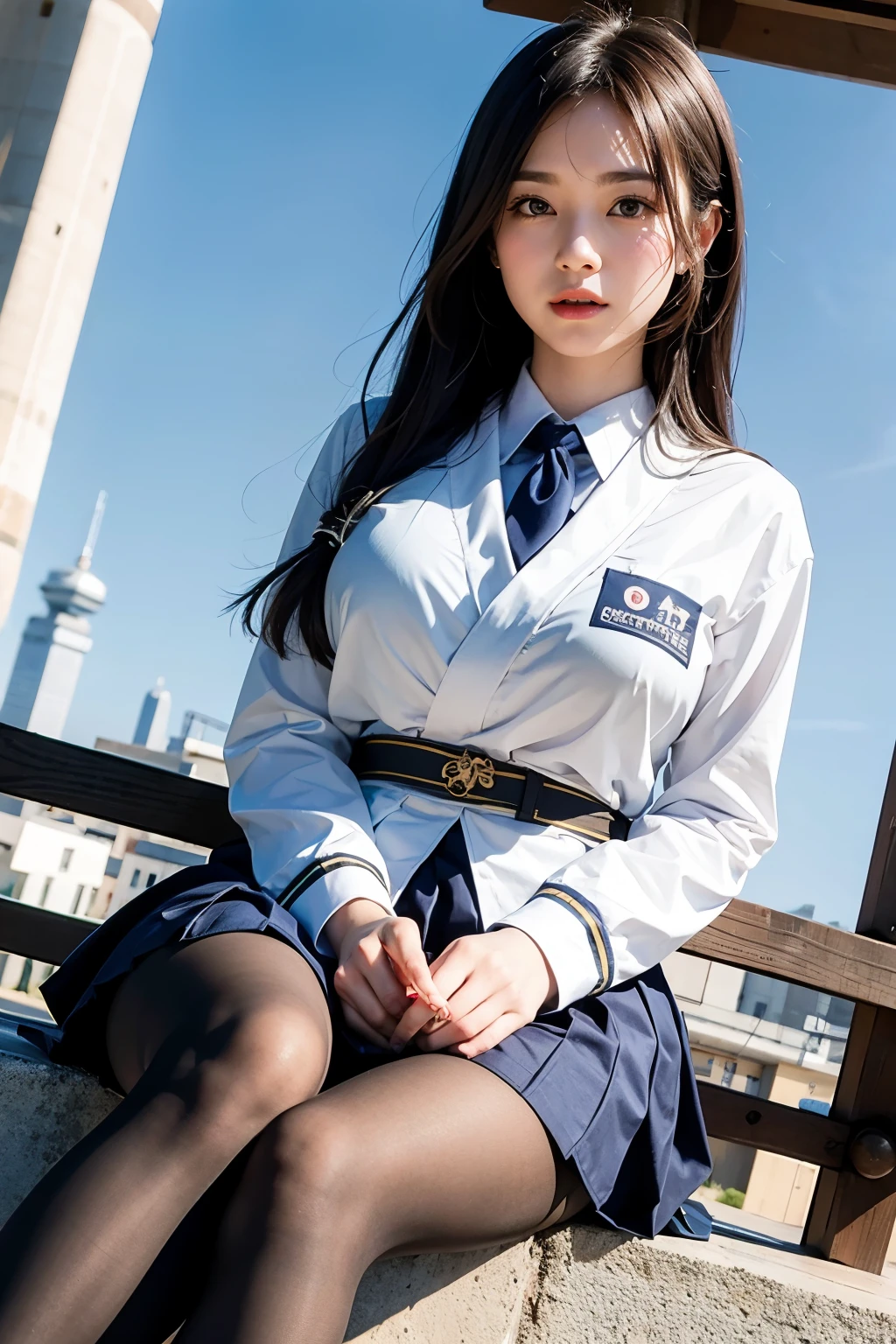 masterpiece, Bokeh, (Beautiful Face), (Detailed face), (Perfect hands), (Japanese Idols:1.6), (school uniform:1.3), (Ultra-realistic pantyhose:1.3), (Sit at the top of the tower:1.3),( Large bridge construction site:1.3), (Blushed:1.3), Working boots, (From below:1.5), Beautiful mature woman、