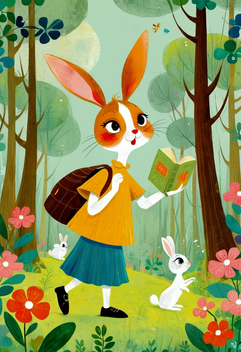 Cartoon animals and illustrations in the forest, Big Eyes Rabbit,Anthropomorphic Rabbit,Storybook illustrations inspired by Mary Blair, Trending on Behance, Process art, colorful Children's Book Illustrations, Children's illustrations, Children's Book Illustrations, Children's Book Illustrations, Children's illustrations, children illustration, Bizarre forest, Children's Book Illustrations, Children's Book Illustrations