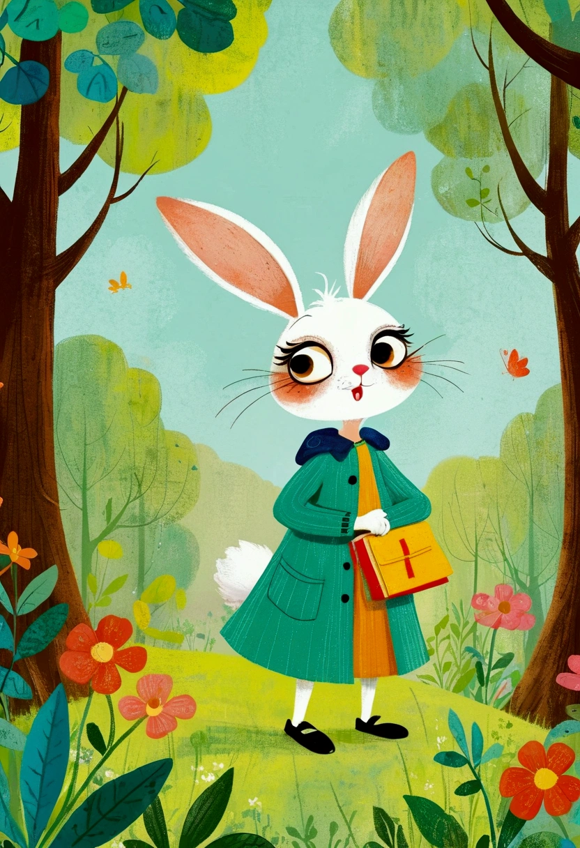 Cartoon animals and illustrations in the forest, Big Eyes Rabbit，Anthropomorphic Rabbit，Storybook illustrations inspired by Mary Blair, Trending on Behance, Process art, colorful Children&#39;s Book Illustrations, Children&#39;s illustrations, Children&#39;s Book Illustrations, Children&#39;s Book Illustrations, Children&#39;s illustrations, children illustration, Bizarre forest, Children&#39;s Book Illustrations, Children&#39;s Book Illustrations