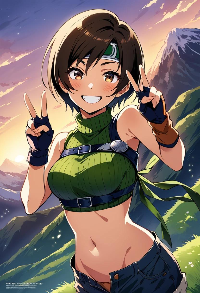 score_9, score_8_up, score_7_up,BREAK,best quality,masterpiece,aesthetic,very aesthetic,megami_magazine,,highly detailed,mediumshot,,soro focus,1girl, yuffie kisaragi, final fantasy, short hair,headband,navel,sleeveless,turtleneck,brown eyes,sleeveless turtleneck,solo,breasts,looking at viewer,smile,gloves,crop top,brown hair,shorts,midriff,,sweater,open fly,armor,fingerless gloves,ribbed sweater,medium breasts,great joy,standing,mountain,sunset,top angle,double v,