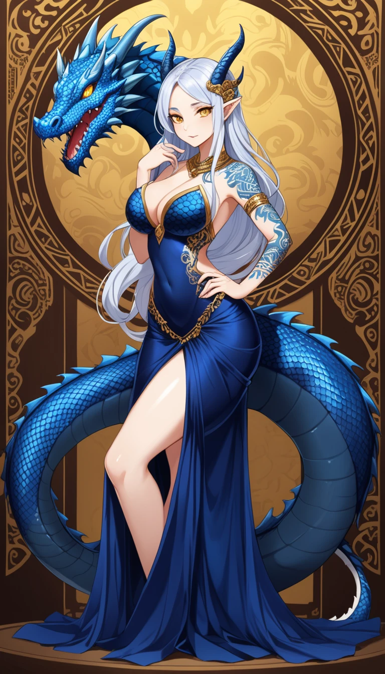 (solo), female, (Dragoness, monster girl, ((body scales, dragon dark blue colored scales)), long tail, voluptuous body, curvaceous figure, pale smooth skin, sporting large breasts, ((delicate tribal tattoos)), glowing yellow eyes, long silver hair, wavy hair, front strands framed face), ((lavish royal silk gown with gold embroidery)), ((long split silk deep blue skirt, delicate golden necklace with large ruby, twisted cuff gold bracelets), masterpiece, best art, detailed hands, night, anime newest artstyle, extreme detail, standing, adult, subtle abs