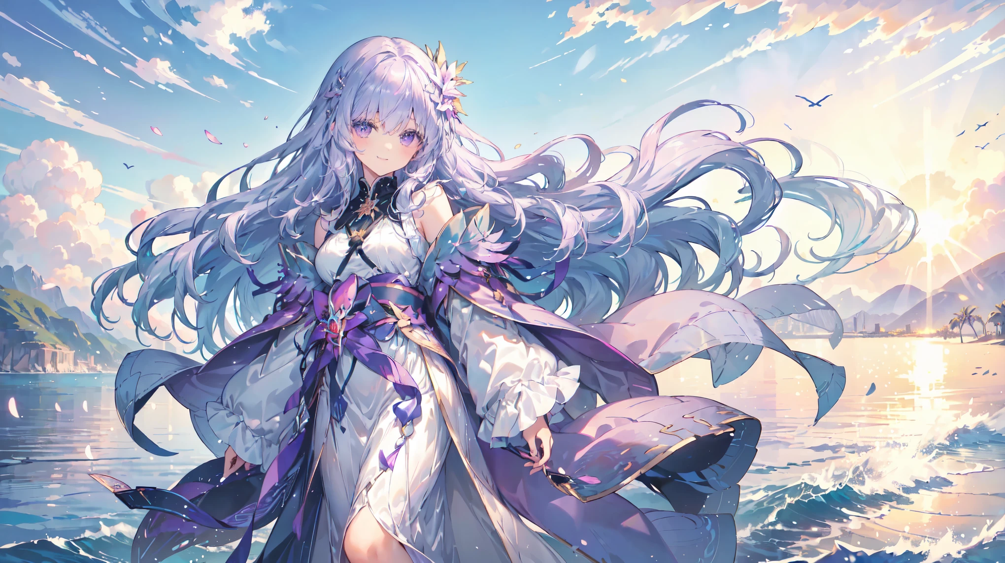 (((masterpiece)))、(((Highest quality)))、((Ultra-detailed))、(Awareness-raising)、((Very delicate and beautiful))、、Bright smile、floating、Light purple hair、(Detailed light) (One Girl)、、solo、Long-haired、The wind is blowing、world、Originally、（Cute eyes）、Desert Island Background、Palm tree、Beach、Fluffy clouds floating in the sky