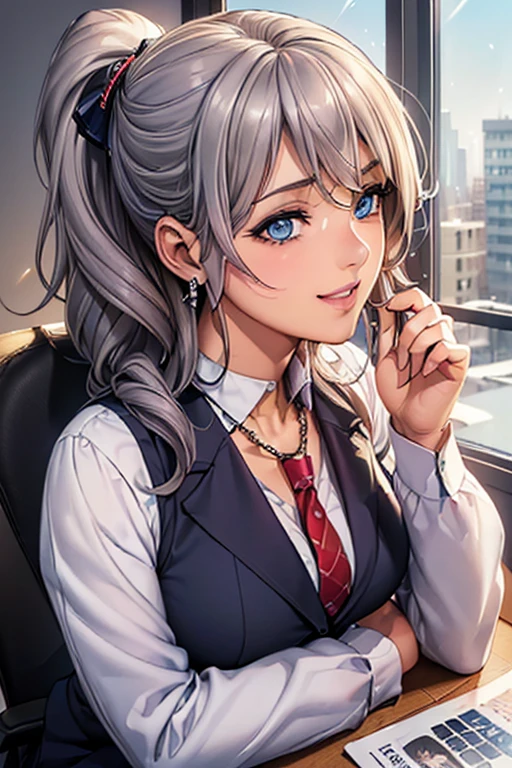 #Basics A girl is posing for a photo, animeのcute女の子,  ((One Girl)), (((:1.2)) + ((cute:1.3)) + ((18-year-old))), 
break 

#Clothing Accessories 
((Blue Business Suit : White dress shirt + Red tie + Blue suit vest + Blue suit jacket + Black pencil skirt + Low denier black pantyhose), Black high heels), 
((Gold hoop earrings) + (Silver Necklace)),
break 

#Features 
(((Silver Hair)), ((Curly side hair)), ((ponytail) : Long Hair + Fuller Hair + Voluminous Hair + Curly Hair)), 
((Droopy eyes:1.4, Big eyes:1.2), blue eyes), (Small breasts), 
break 

#background environment 
((noon + Sunshine + Beautiful modern office building + conference room + Office building seen from the window)), 
#Facial Expression Pose  
((smile:1.4)), ((Sit at a desk + (Hold your knees with both hands))), 
#composition 
((Face the camera, (Focus from the side), Cowboy Shot)), 
break 

#Body parts elements 
(Slim figure), 
(Detailed Hair, Beautiful Hair, Shiny Hair), 
(double eyelid, Long eyelashes), 
(Expression of fine eyes, Beautiful and delicate eyes, Sparkling eyes, Eye Reflexes, Glitter Eyeliner), 
(Human Ear), 
(Beautiful Nose, Thin Nose), 
(Glossy Lips, Beautiful Lips, Thick lips), (Symmetrical facial features), 
(Detailed skin, Textured skin, Beautiful Skin, Oily skin), 
break 

#Quality Image Quality Common 
(((Highest quality)), ((masterpiece)), ((Very detailed))), ((Ultra-high resolution)), ((16K, 1080P)), ((Full HD)), 
(Anatomically correct), (Realistic), (3DCG), (oil), (Detailed cloth texture), 
#High quality images and illustrations 
((comics, anime)), CG illustration,
