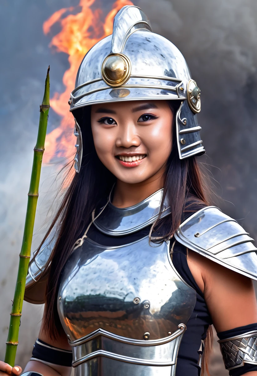 Close-up photo of immortal female warriors in Vietnamese mythology - Au Co - 18 years old, giantess, majestic and imposing, muscular, bright eyes, long hair, extremely beautiful, wearing shiny iron armor, wearing a sturdy iron helmet, holding an iron whip shaped like a bundle of bamboo, invincible female warriors, ((background of smoke, fire, thunder and lightning)), ((smiling))