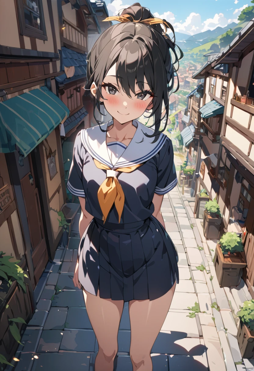 masterpiece, best quality, high quality, detailed, ultra detailed, hyper detailed, insanely detailed, exquisite, beautiful, FHD, Full-HD, 4K, 8K, highres, absurdres, landscape, town, woman, happy, smiling, standing, looking at viewer, long hair tied back, black hair, black eyes, tall, glamorous, leggy, lanky, sailor uniform, hair ribbon, blush, in the town, in the morning, cel anime, full body shot, cowboy shot, front view, golden ratio