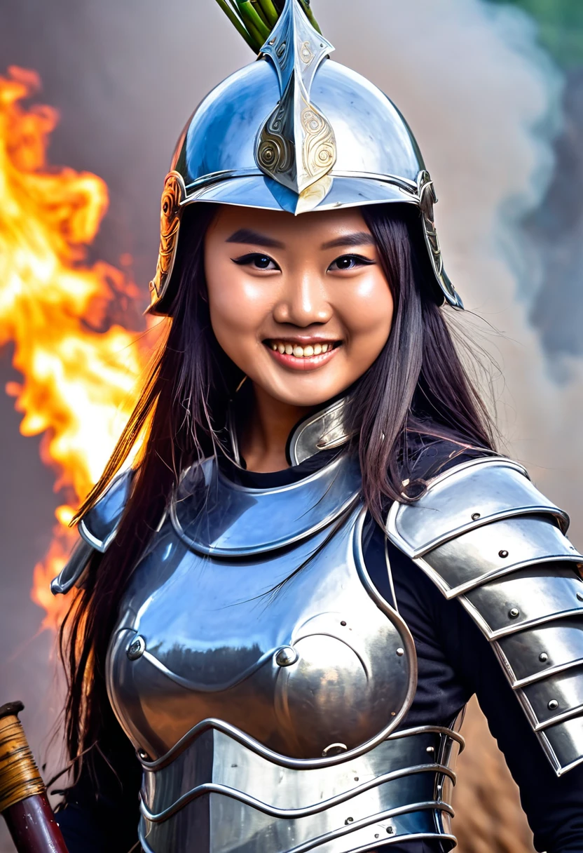 Close-up photo of immortal female warriors in Vietnamese mythology - Au Co - 18 years old, giantess, majestic and imposing, muscular, bright eyes, long hair, extremely beautiful, wearing shiny iron armor, wearing a sturdy iron helmet, holding an iron whip shaped like a bundle of bamboo, invincible female warriors, ((background of smoke, fire, lightning)), ((smiling victoriously))