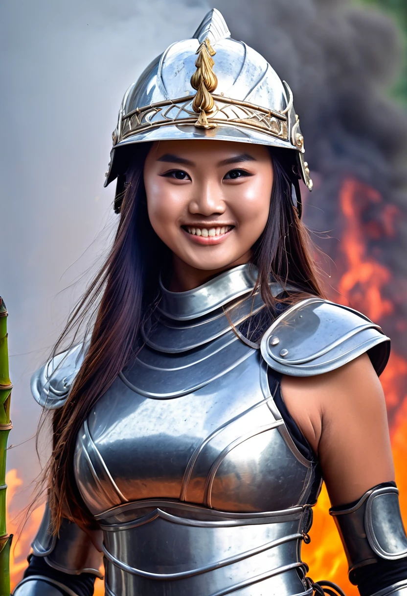 Close-up photo of immortal female warriors in Vietnamese mythology - Au Co - 18 years old, giantess, majestic and imposing, muscular, bright eyes, long hair, extremely beautiful, wearing shiny iron armor, wearing a sturdy iron helmet, holding an iron whip shaped like a bundle of bamboo, invincible female warriors, ((background of smoke, fire, lightning)), ((smiling victoriously))
