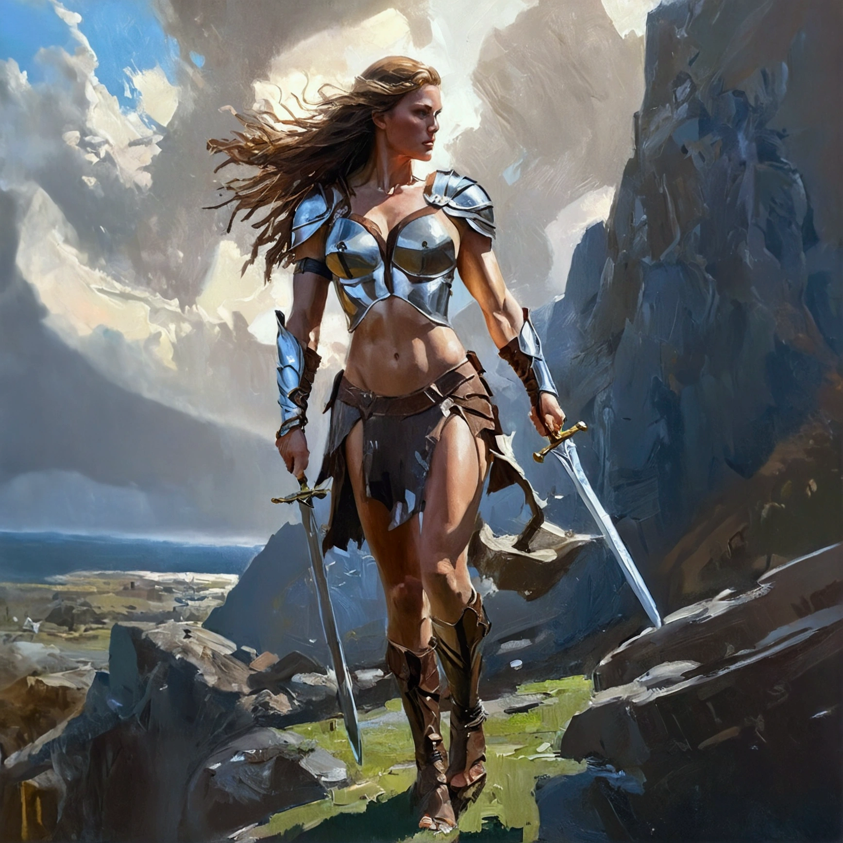 a naked valkyrie, beautiful woman warrior, flowing brown hair, muscular athletic body, holding sword, dramatic lighting, fantasy landscape, digital art, oil painting, ornate armor, dramatic pose, volumetric lighting, highly detailed, cinematic, masterpiece, (best quality,4k,8k,highres,masterpiece:1.2),ultra-detailed,(realistic,photorealistic,photo-realistic:1.37)