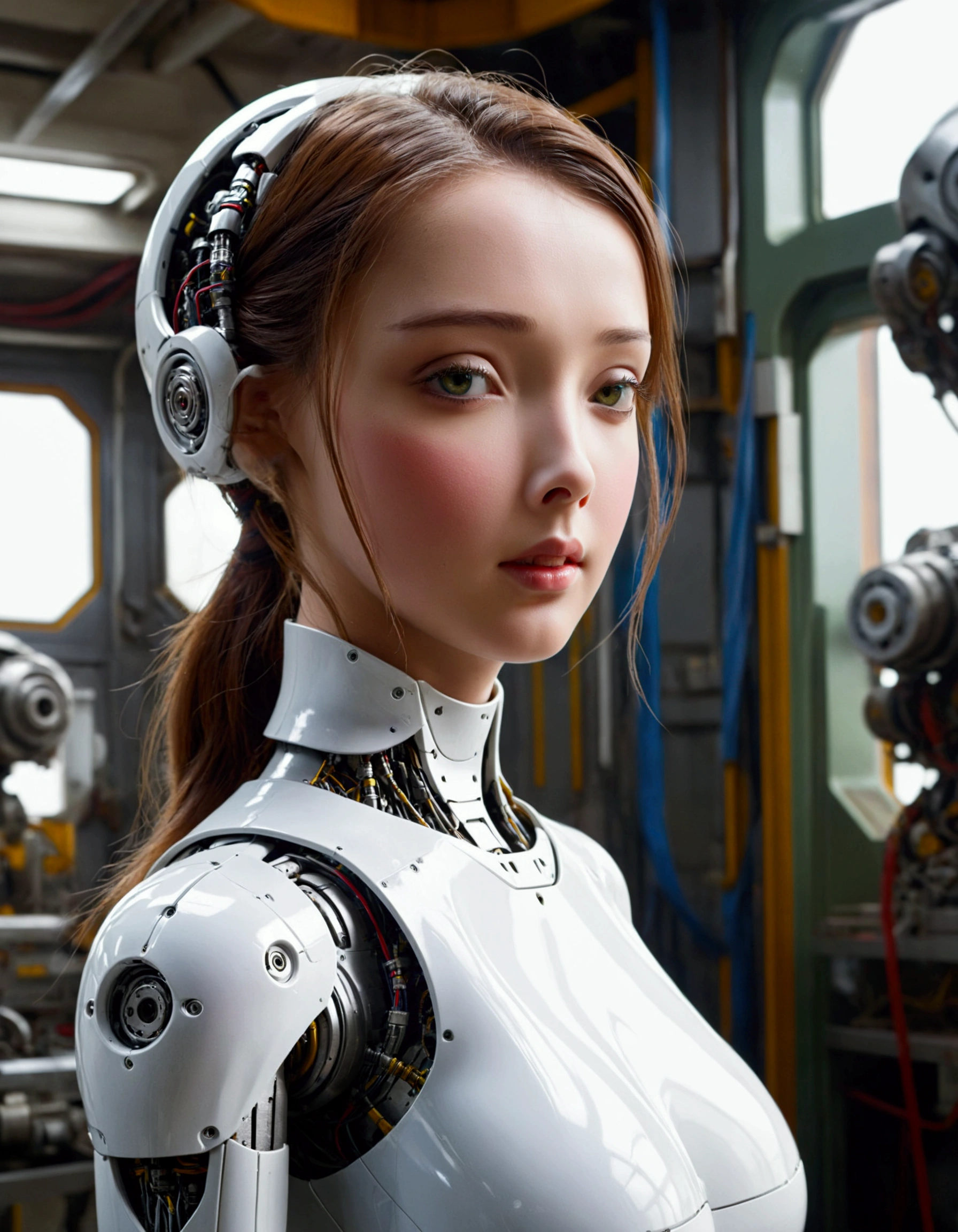 A lovely female robot, obviously mechanical, lifelike face, a few panels are open for maintenance, standing in a machine shop on a space ship