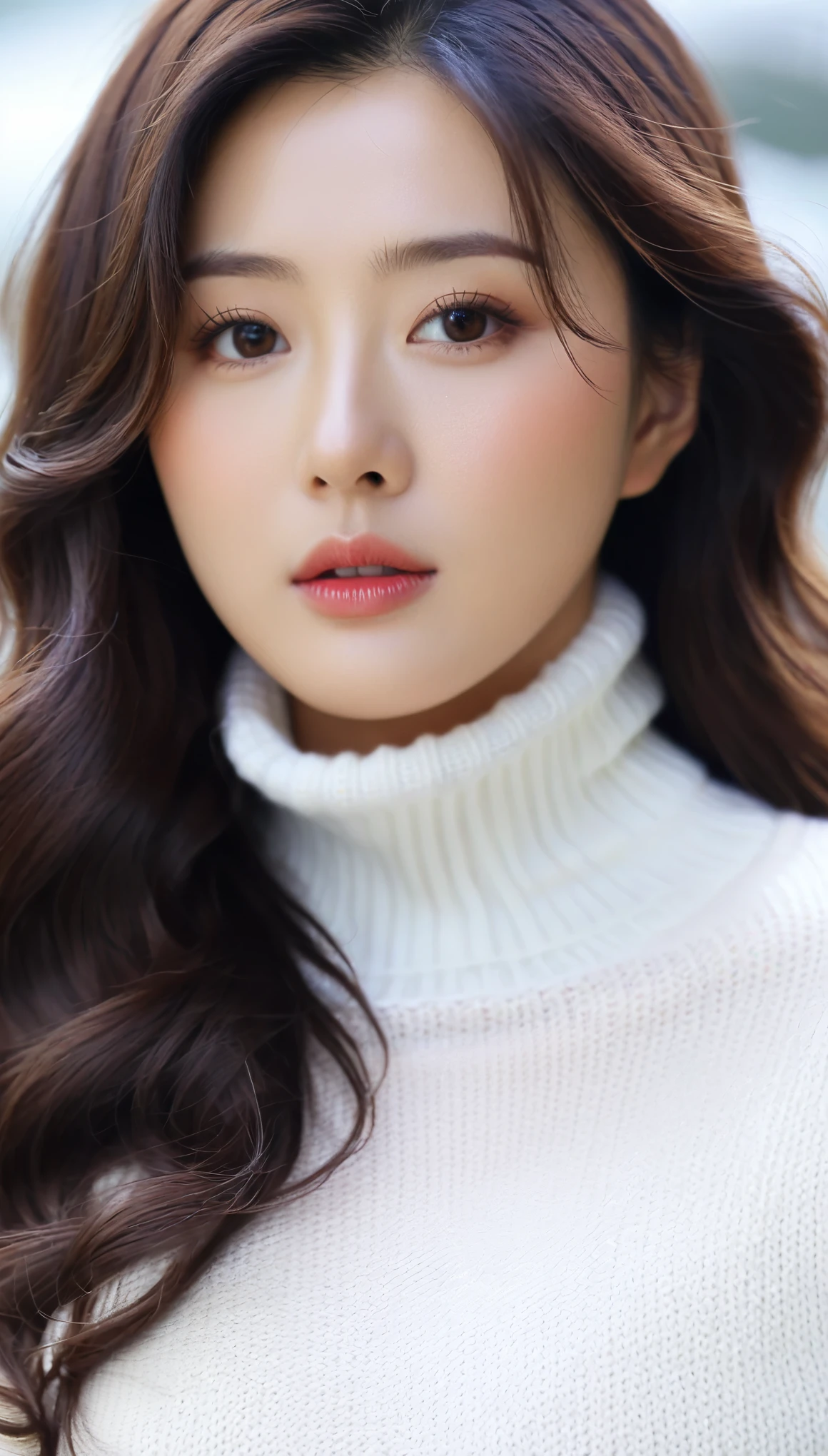 extreme close-up of beautiful beautiful korean female, 34 inch breasts size, wavy hair , wearing turtle neck sweater, bokeh background, UHD