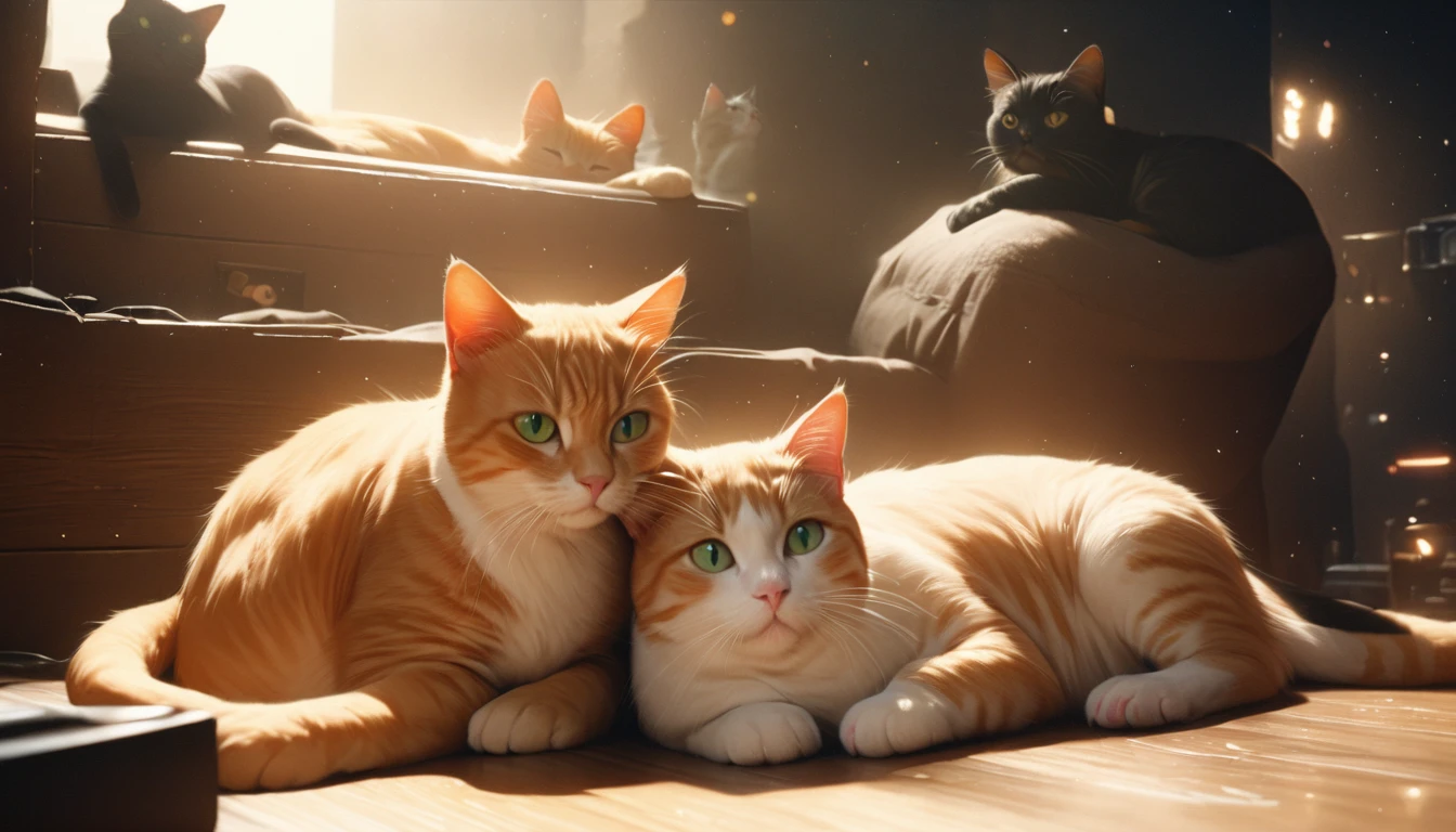 Two beautiful cats, Black cat, Orange Cat, cat with green eyes, Cats hugging, Magical atmosphere, Cute atmosphere, masterpiece, Highest quality, 8k, Very detailed, Realistic, photoRealistic, Studio Lighting, Vibrant colors
