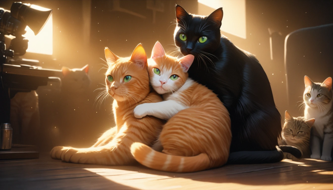 Two beautiful cats, Black cat, Orange Cat, cat with green eyes, Cats hugging, Magical atmosphere, Cute atmosphere, masterpiece, Highest quality, 8k, Very detailed, Realistic, photoRealistic, Studio Lighting, Vibrant colors