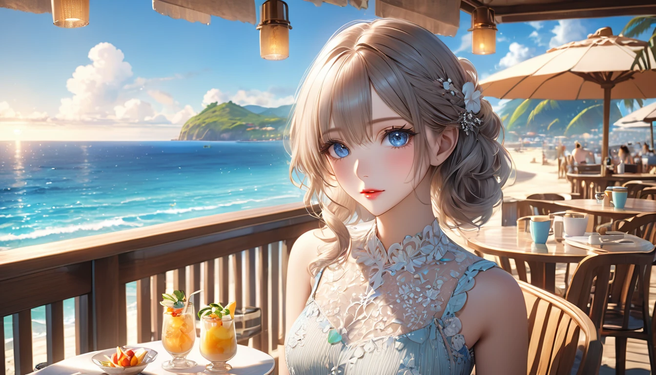 a beautiful girl in a seaside cafe, anime, detailed eyes, detailed lips, detailed face, long eyelashes, beautiful dress, relaxing atmosphere, warm lighting, tropical landscape, blue sky, ocean view, (best quality,4k,8k,highres,masterpiece:1.2),ultra-detailed,(realistic,photorealistic,photo-realistic:1.37),detailed scenery, serene, pastel colors, soft lighting,very long shot