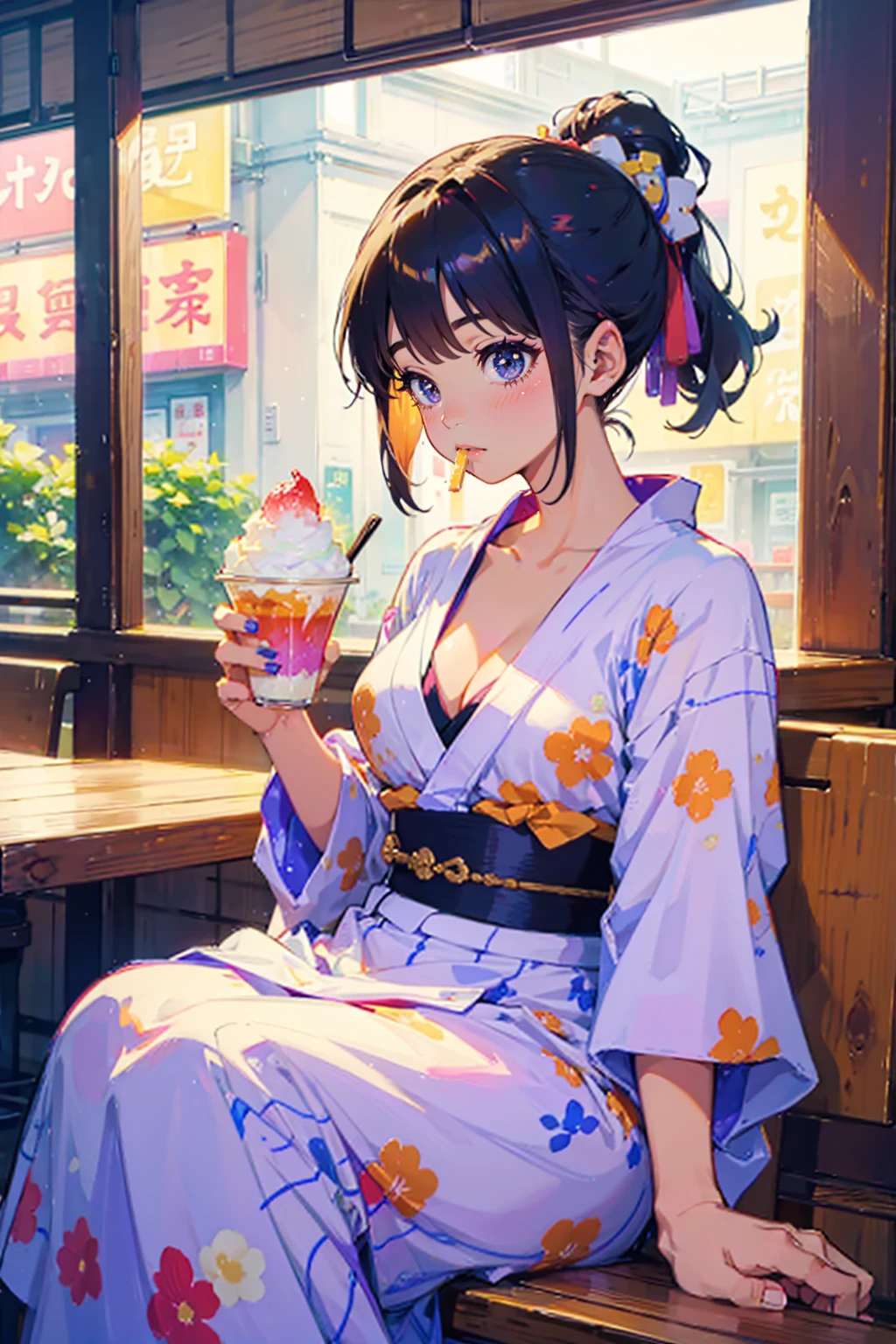 1girl,solo,cute,yukata,cleavage,she eat shaved ice,colorful,in the cafe