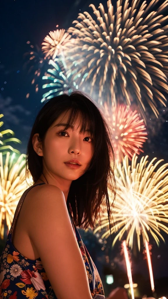 40-year-old Japanese woman with black bob hair Real fireworks Summer vacation Night sky Side angle