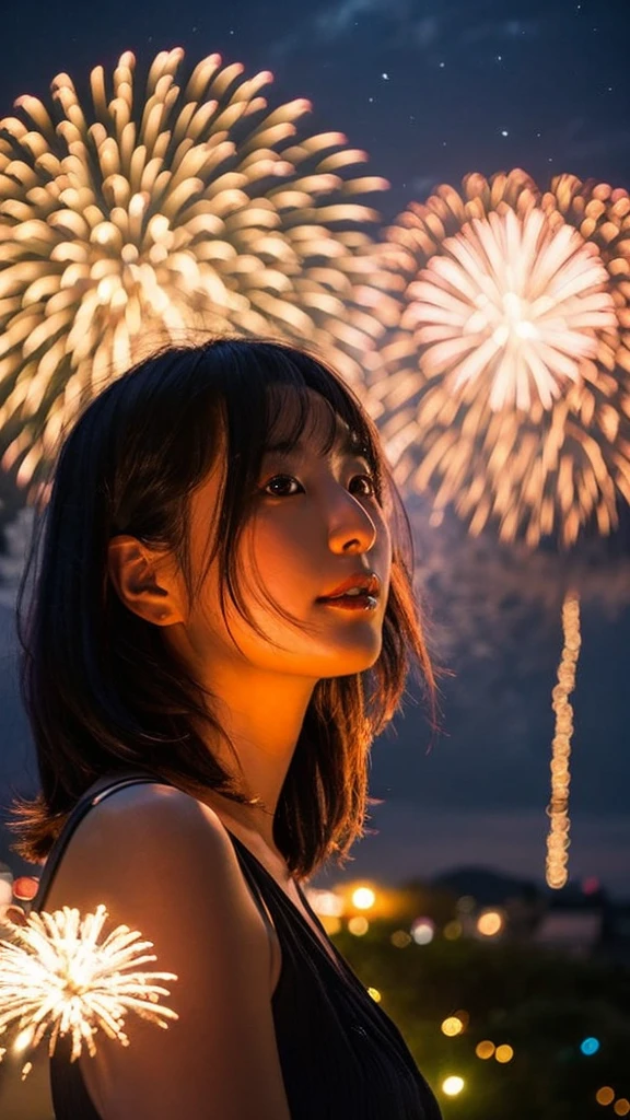 40-year-old Japanese woman with black bob hair Real fireworks Summer vacation Night sky Side angle