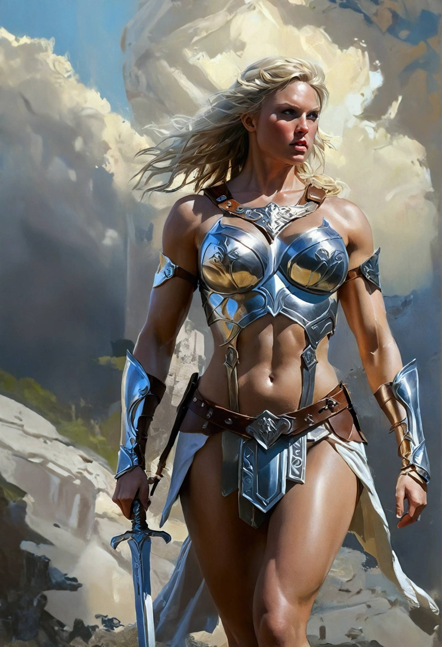 a naked valkyrie, beautiful naked woman warrior, flowing blonde hair, muscular athletic body, dramatic lighting, fantasy landscape, digital art, oil painting, ornate armor, dramatic pose, volumetric lighting, highly detailed, cinematic, masterpiece, (best quality,4k,8k,highres,masterpiece:1.2),ultra-detailed,(realistic,photorealistic,photo-realistic:1.37), bare breasts