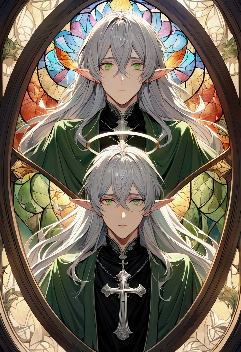 male, curtained hair, silver hair, shiny hair, absurdly long hair, halo, Light green eyes, A look of pity, dropping eyes, Elf ears, Divine, Dark green godfather robe, Silver cross necklace, Church stained glass window, Colored windows, Painting on the stained glass window, Gothic art, Classicism, photomosaic, Colored windows, symmetry, UHD, anatomically correct, super detail