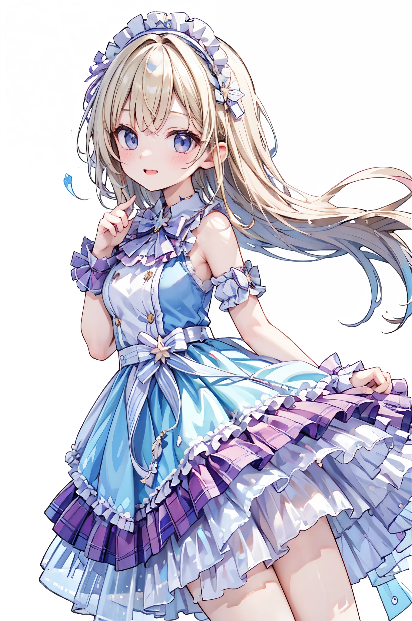 high resolution,smile,woman,woman1人,adult,cute, Blonde Hair,BREAK,
Light blue eyes,BREAK,Idol Uniform,BREAK,Facing forward,BREAK,Light blue background,