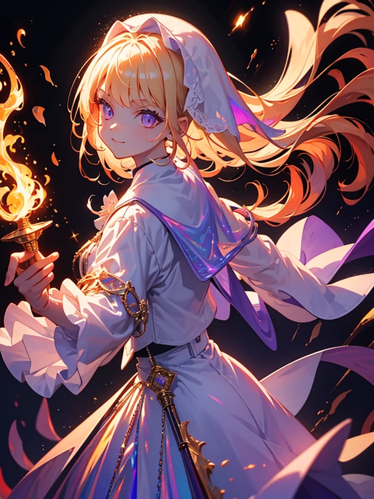 Highest quality,((Highest quality)),((Tabletop)),((Perfect Face)),detailed5Two fingered hand,1 girl.White and purple dress,White jacket,With a cane,Have a weapon,The flames flicker,Blonde,Purple eyes,smile,beauty,((Holographic))