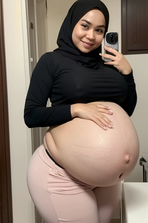 ((Best quality, 8k, Masterpiece :1.3)), Malay milf in hijab, attrative milf, ((short woman: 150 cm)), smile, rait, wearing sweater, jogger pants, chubby body, BBW, weight gain, obesse, pregnant milf, huge pregnant belly, jiggly fat and round pregnant belly, third trimester, 45 weeks of pregnancy, outgrowing pregnant belly, overexposed her pregnant belly, (HYPERPREG), (GIGANTIC PREGNANT BELLY), (HEAVY WIDE BUTT), huge thigh, fat ass, huge breast