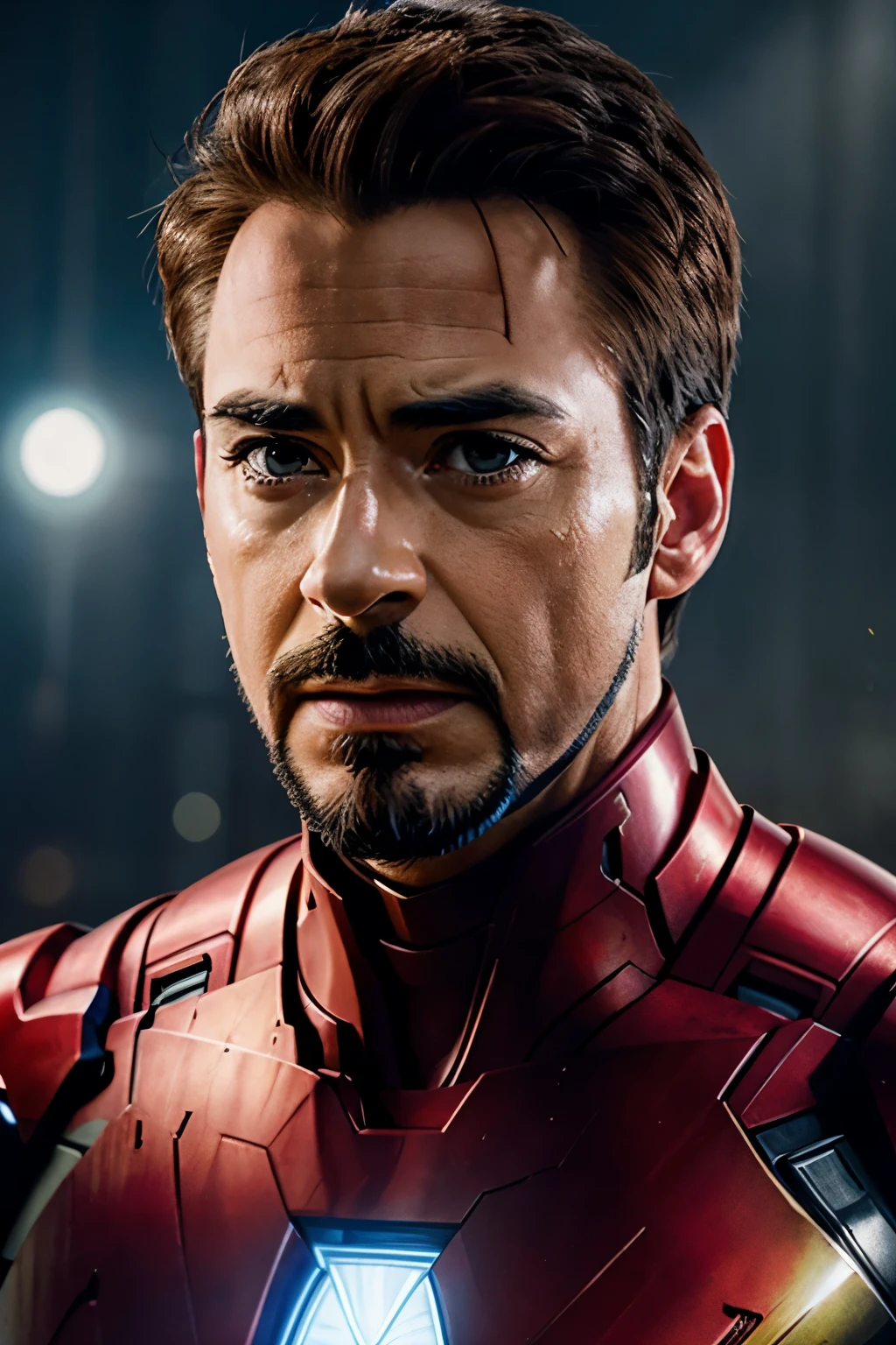 Create a full image of iron man with half face of iron man and the one half of face of Chris evans